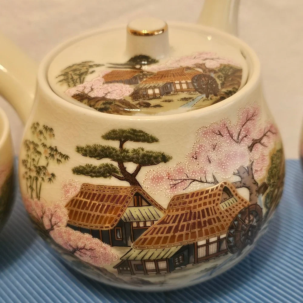 Vintage Japanese Satsuma Style Tea‎ Set Kyusu Teapot 4 Cups Cherry Blossom Scene